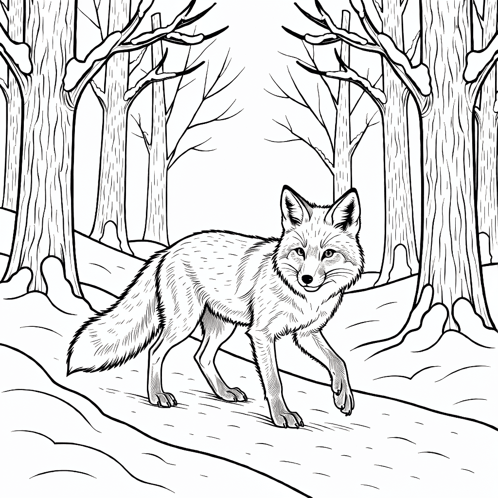 Realistischer Rotfuchs, der einen verschneiten Waldweg mit hohen schneebedeckten Bäumen und texturiertem Schnee überquert