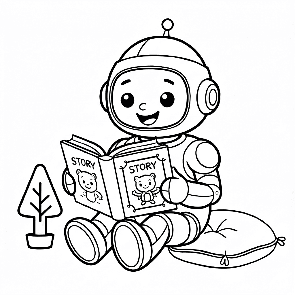 Un robot amichevole con un cappello carino che tiene un libro di storie, con un piccolo albero e un cuscino accanto