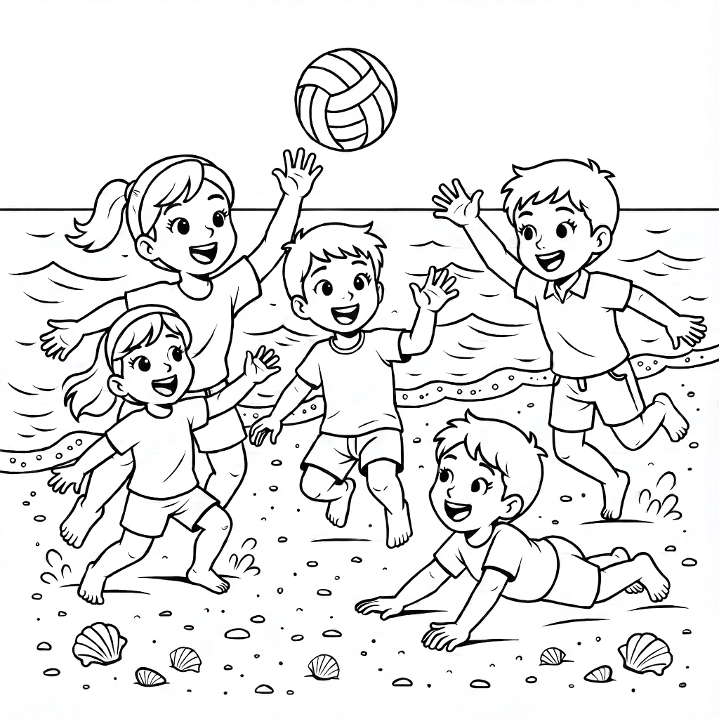 Niños jugando vóley en una playa de arena con olas detalladas y conchas esparcidas