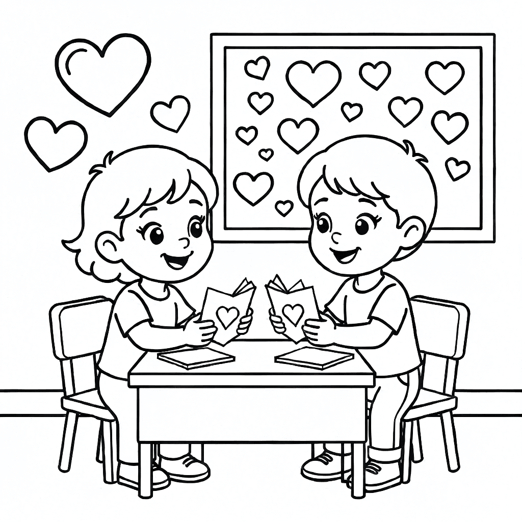 Dos niños intercambiando tarjetas de San Valentín en un aula decorada con corazones
