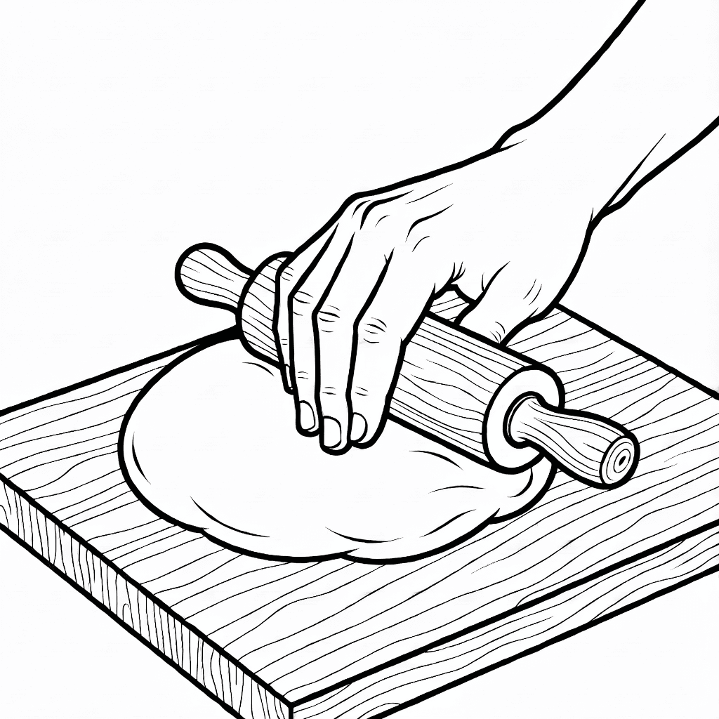 Nahaufnahme einer Hand, die Teig auf einem Holzbrett rollt, mit detaillierter Haut- und Holzstruktur