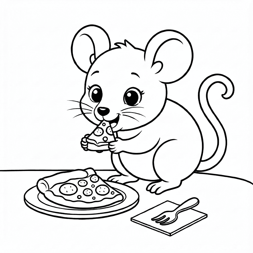 A friendly mouse with big round eyes nibbling a tiny slice of pizza at a small table with a fork and napkin