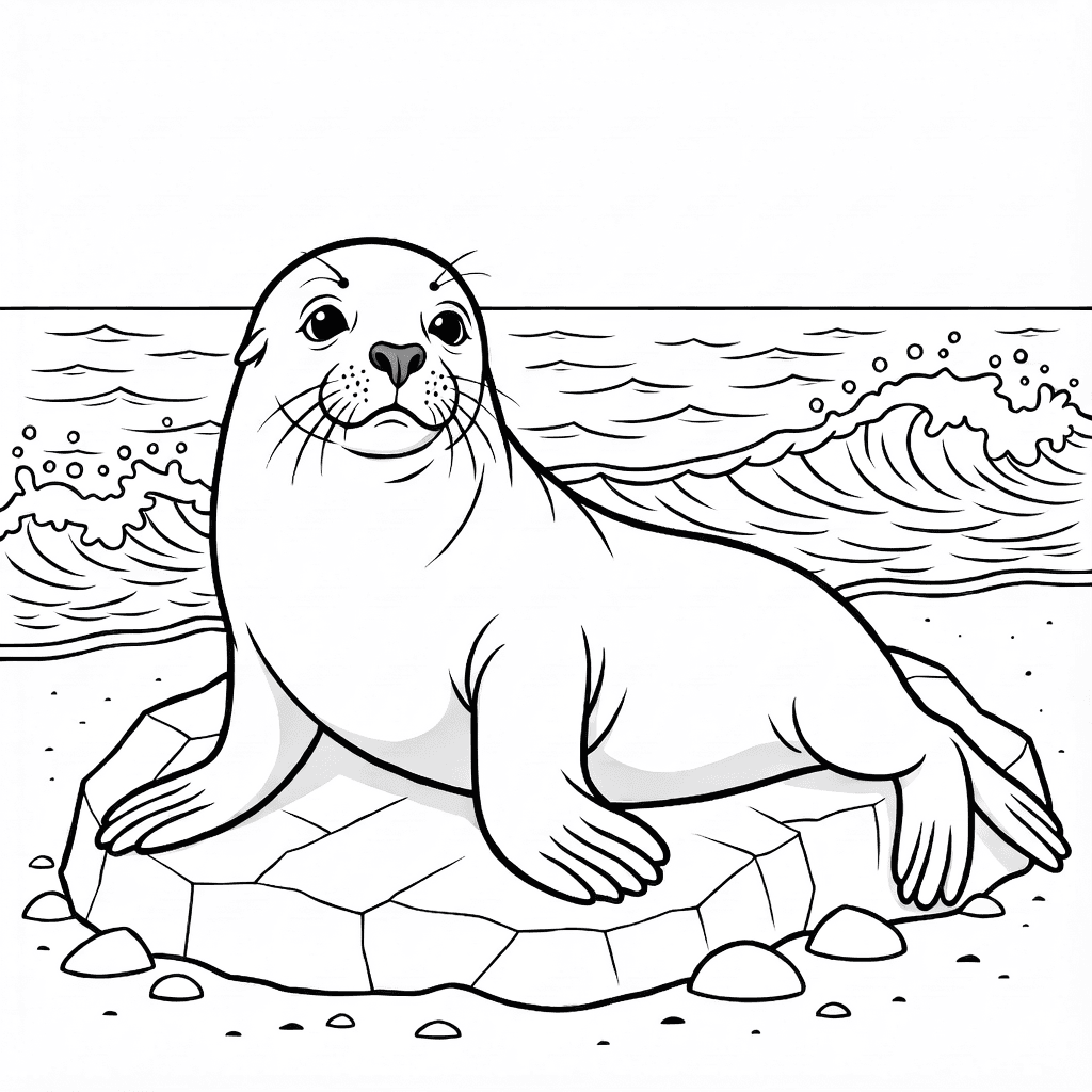 Realistic sea lion resting on textured rocks near a sandy beach with ocean waves crashing behind