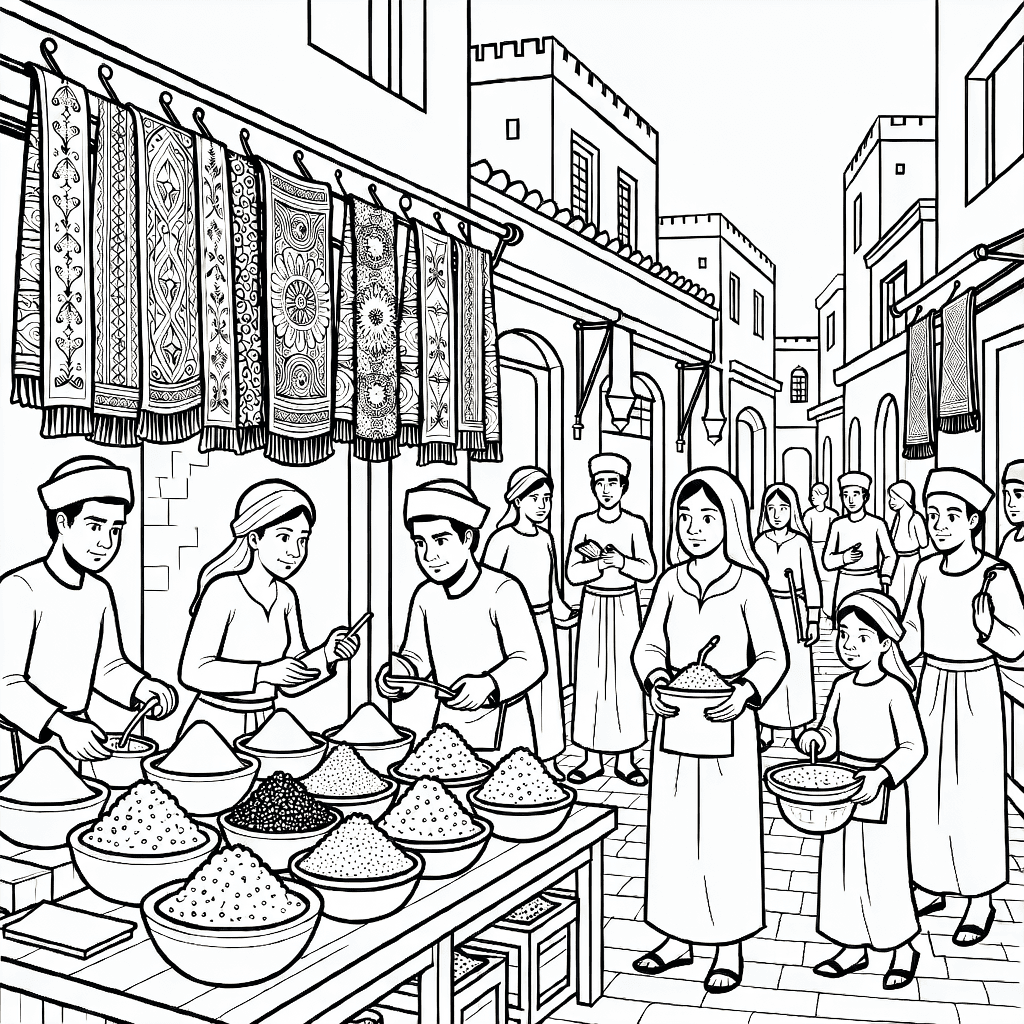 A detailed coloring page of a busy Marrakech market street with textiles, spices, and street vendors.