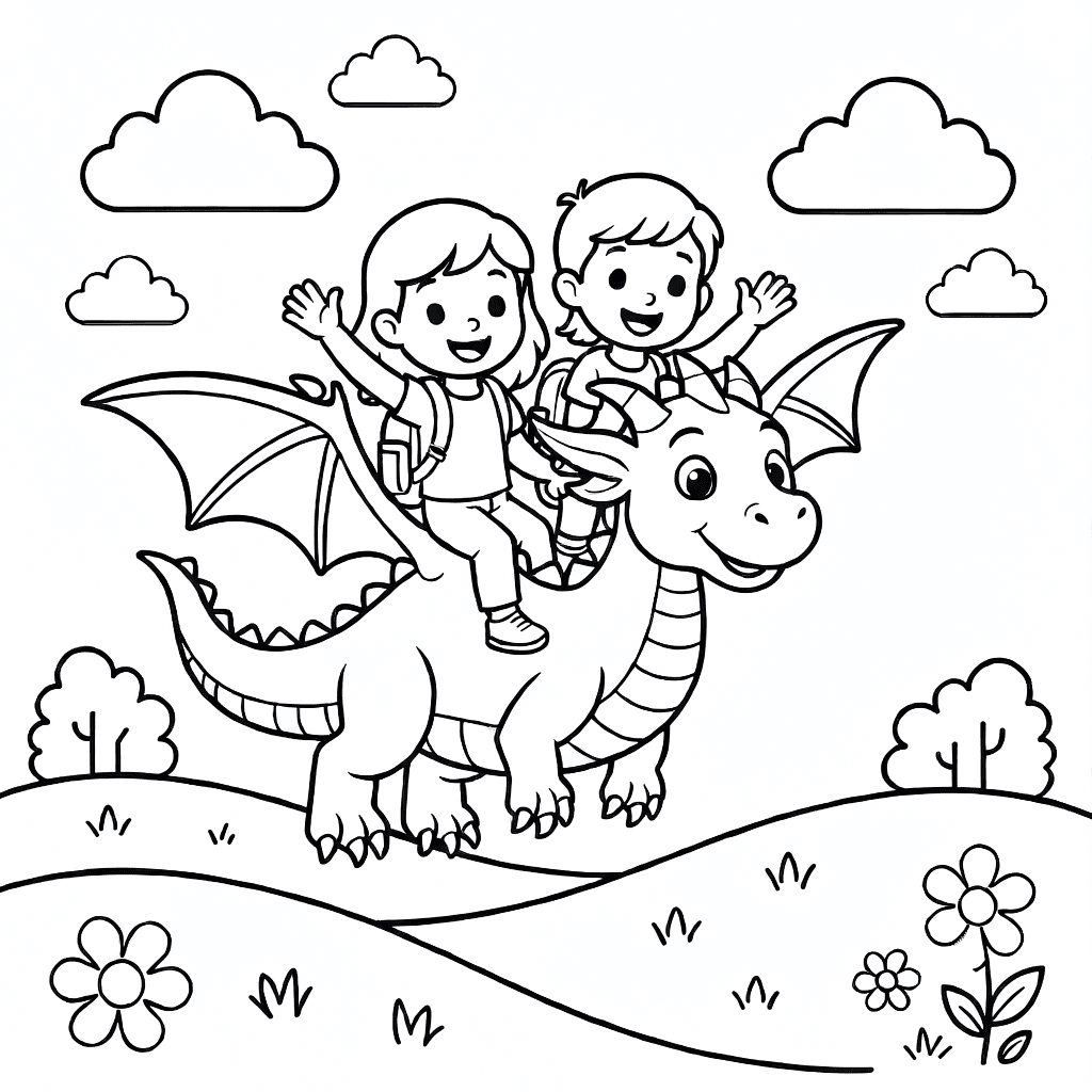 Abbildung eines Drachen, der Kinder auf dem Rücken fliegend zur Schule bringt