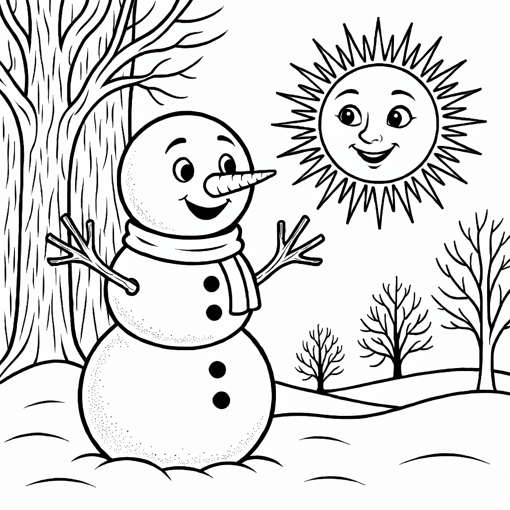 A melting snowman smiling warmly under a shining sun with autumn leaves around