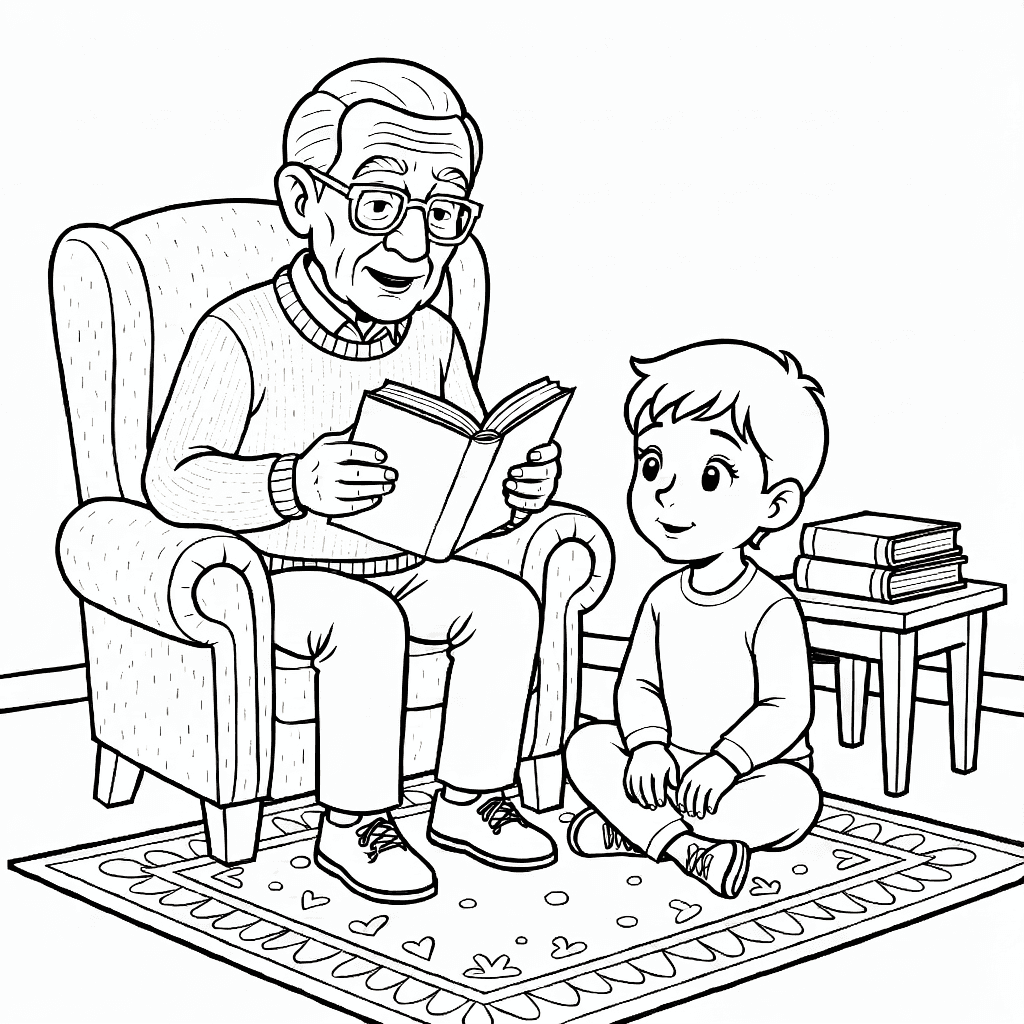 Grandpa sitting and reading a book to his grandchild who listens happily