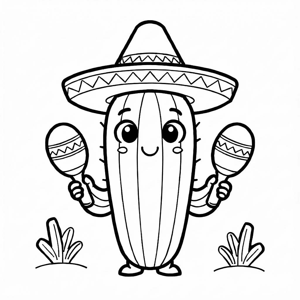 Niedlicher Kaktus mit großem Sombrero und Maracas, zwei kleine Wüstenpflanzen daneben