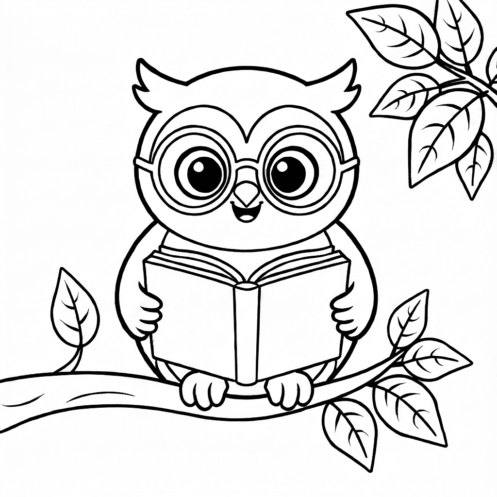 Niedliche Eule mit Brille sitzt auf Baumast und liest ein aufgeschlagenes Buch