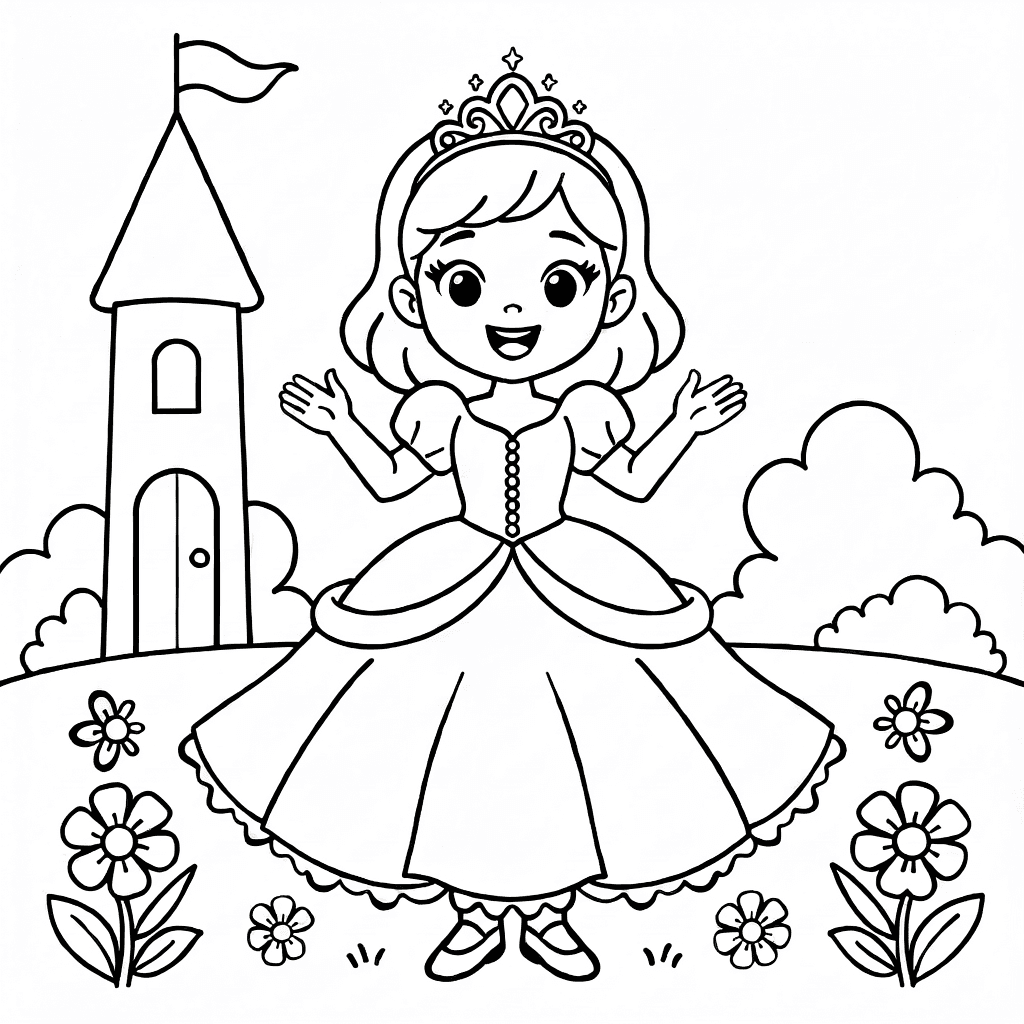 Mädchen im Prinzessinnenkleid mit Tiara neben Burgturm und Blumen