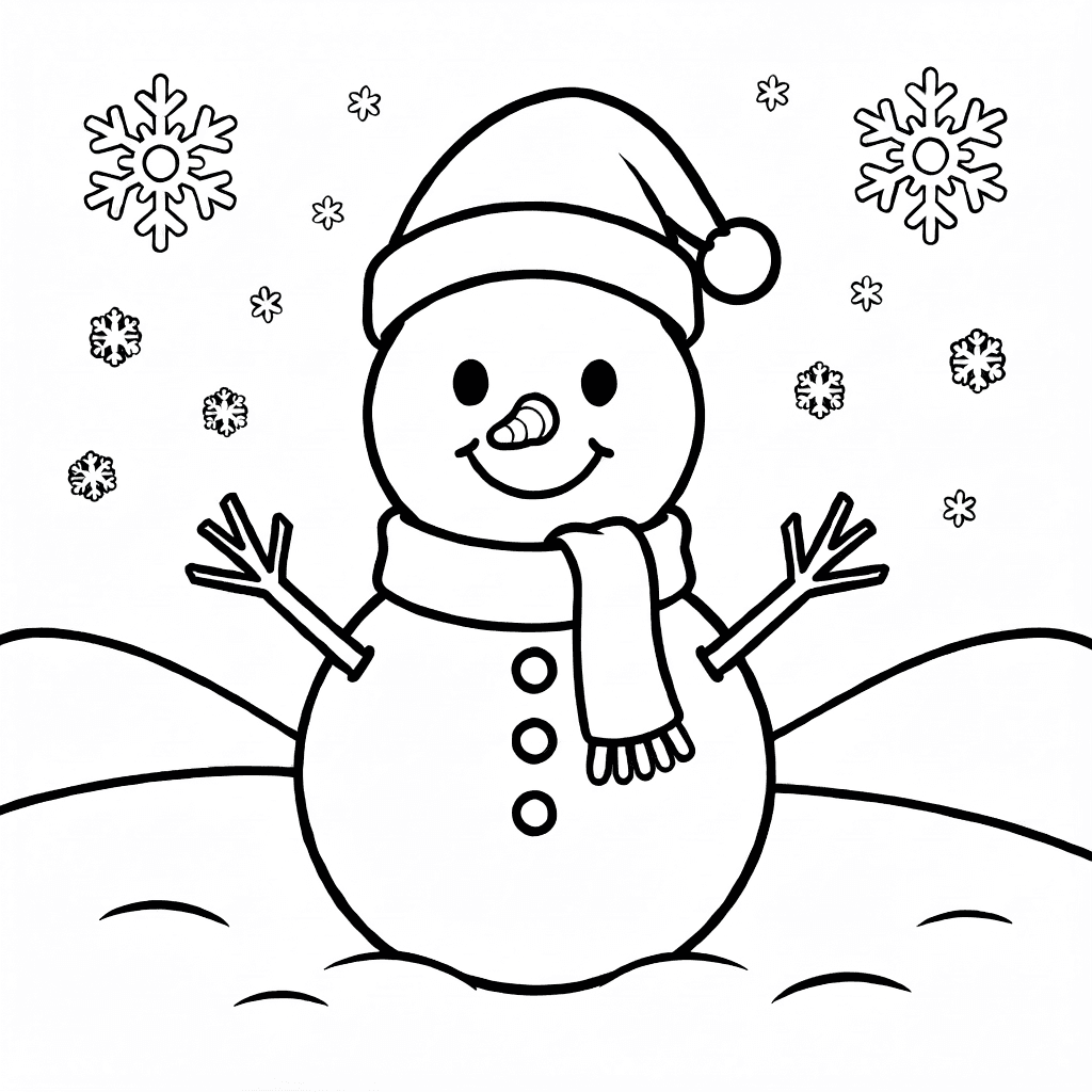 Lächelnder Schneemann mit Schal und Weihnachtsmannhut im verschneiten Garten mit fallenden Schneeflocken