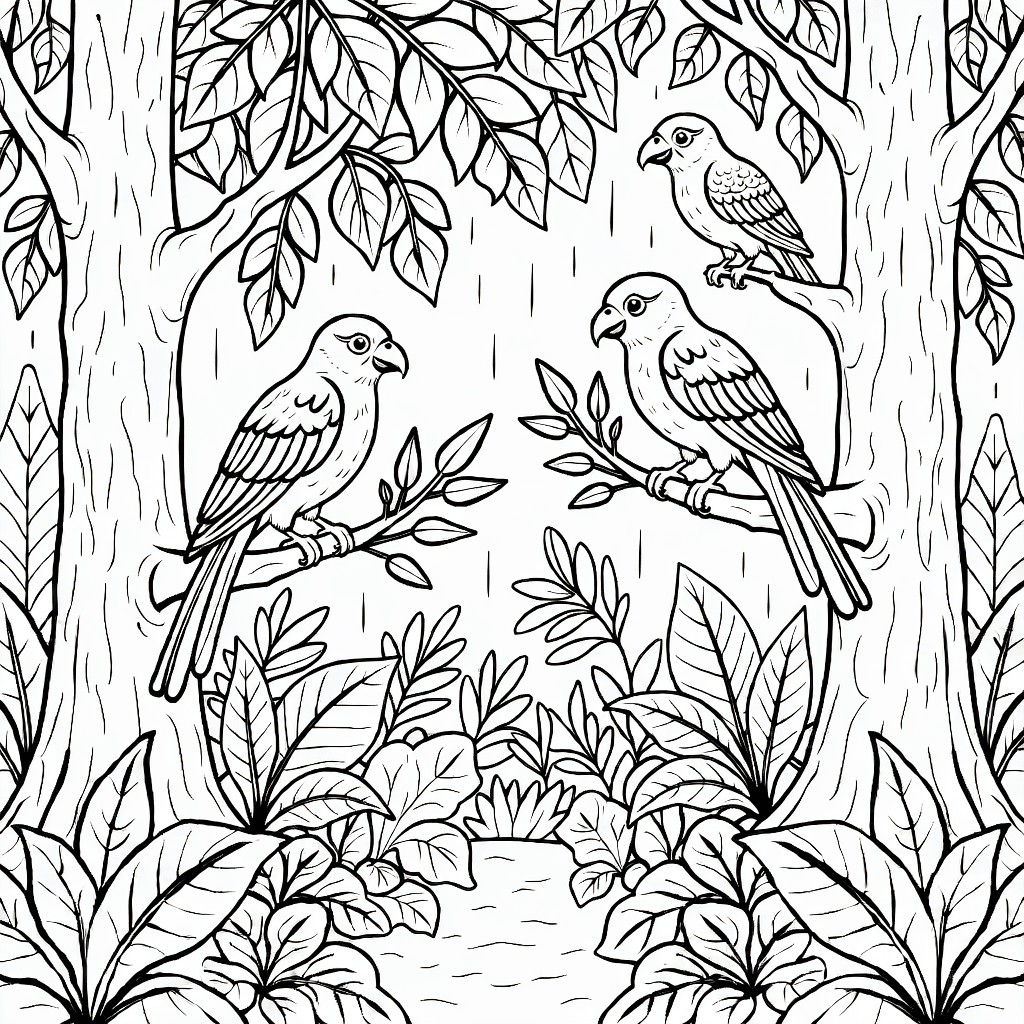 Cena detalhada de floresta tropical com árvores altas e aves exóticas nos galhos