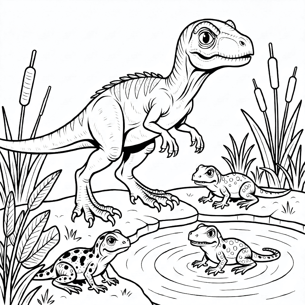 Dinossauro compsognathus cauteloso próximo a um lago com pequenos anfíbios e plantas