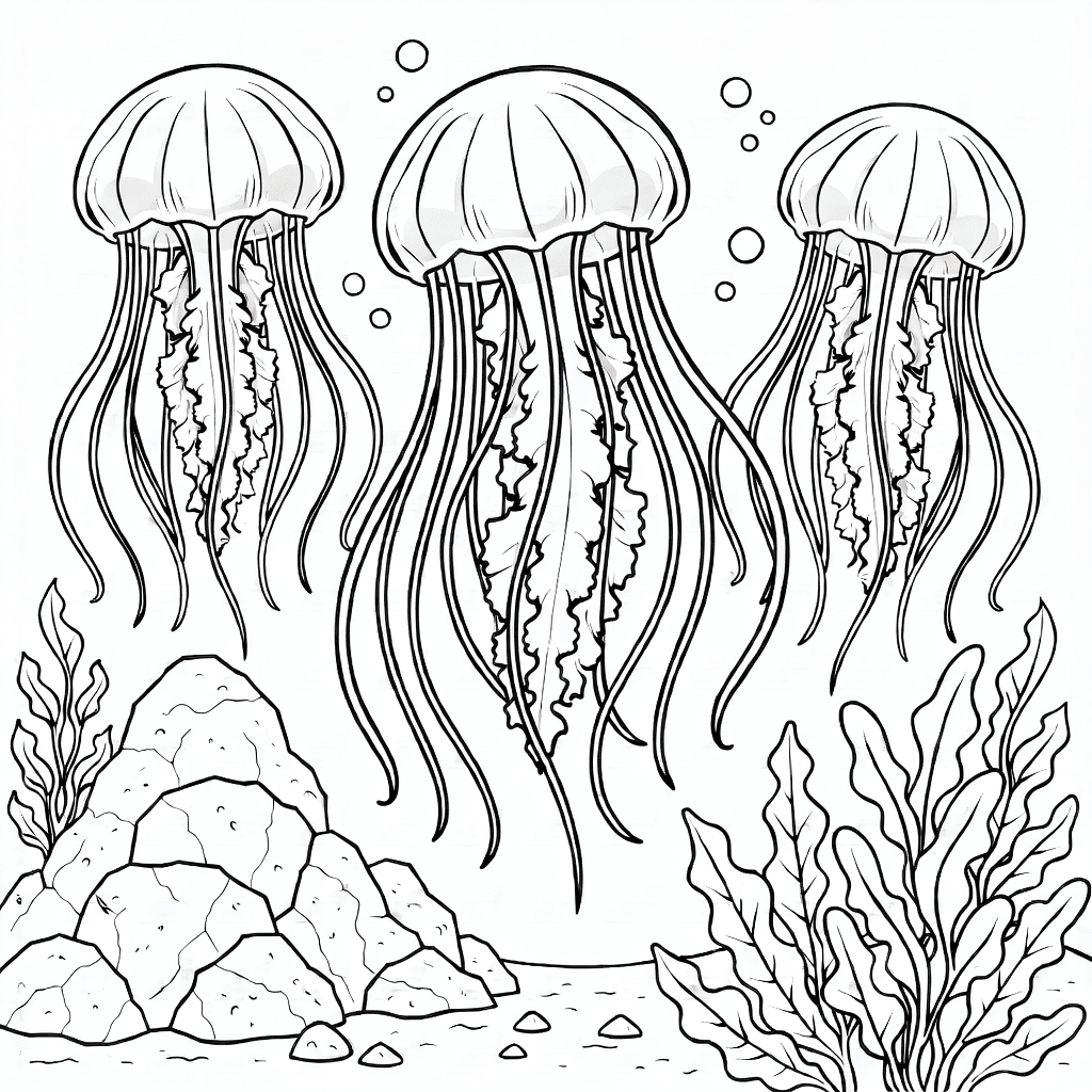 Meduse realistiche con corpi traslucidi a forma di campana e lunghi tentacoli vicino ad alghe e rocce sottomarine