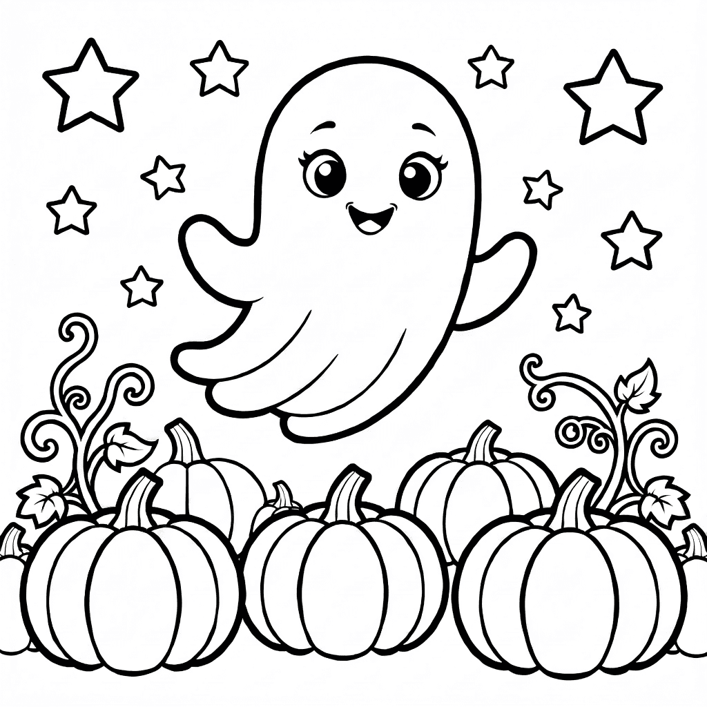 A playful ghost floating above rounded pumpkins in a pumpkin patch under a starry sky