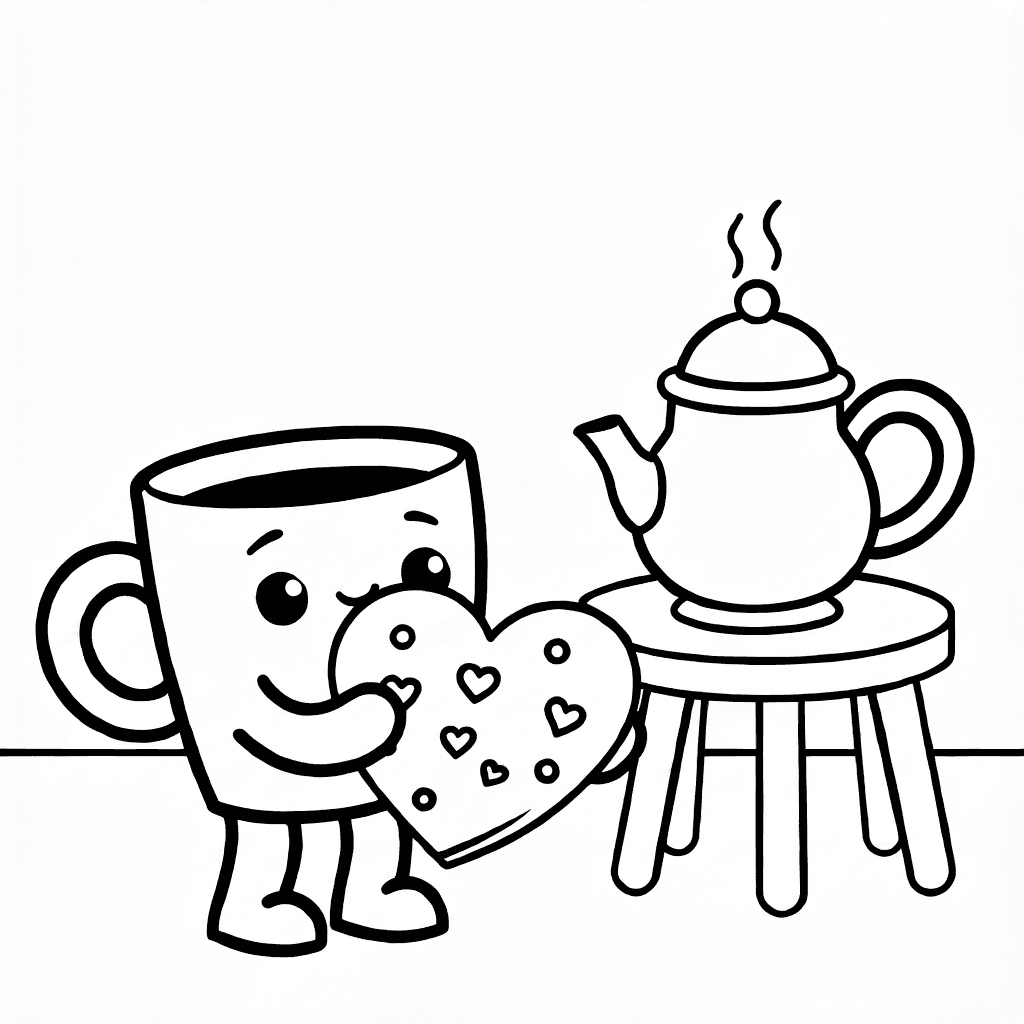 Lächelnde Kaffeetasse hält herzförmigen Keks mit dampfender Kanne und Tisch im Hintergrund