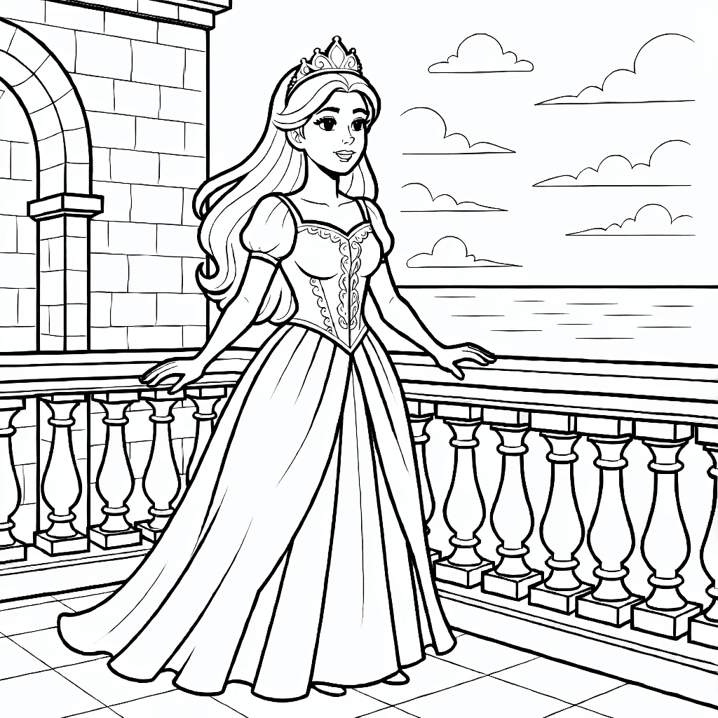 Principessa con capelli lunghi e corona su balcone di pietra che guarda il tramonto