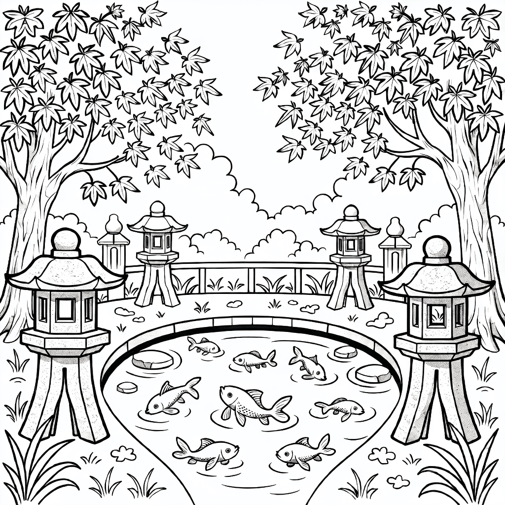 Detaillierte Szene eines japanischen Gartens mit Steinlaternen, Koi-Teich mit Wellen und Ahornbäumen mit strukturierter Rinde