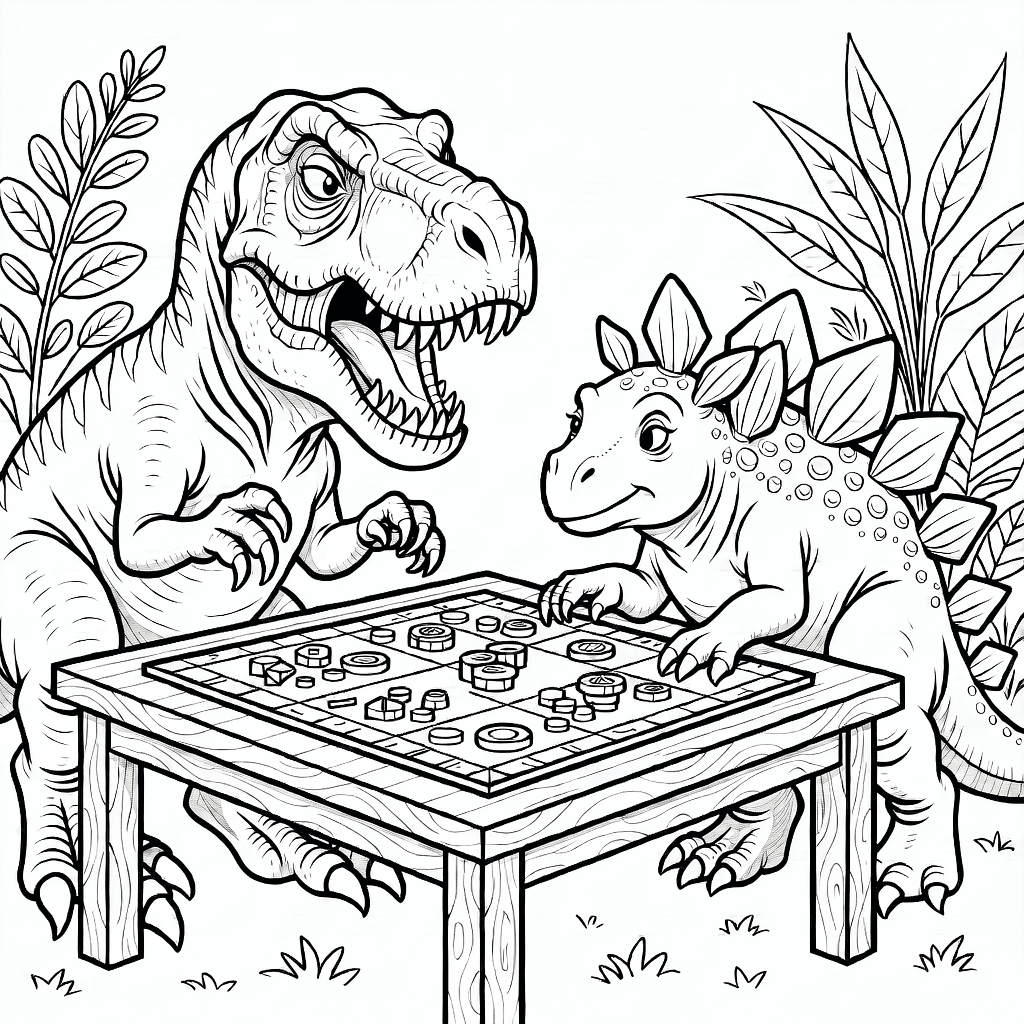 T-Rex and Stegosaurus sitting and playing a board game together