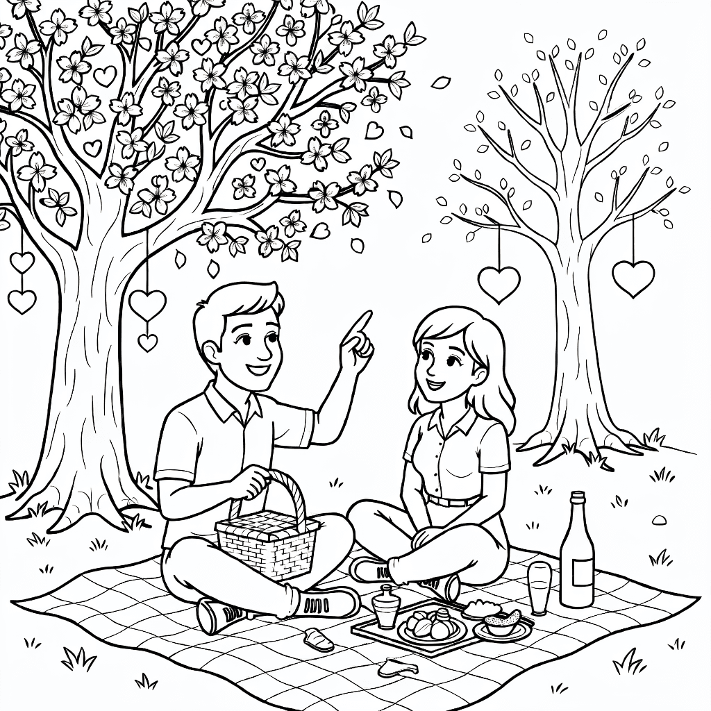 Paar sitzt auf Picknickdecke unter Kirschblütenbaum mit Herz-Dekorationen und Picknickutensilien