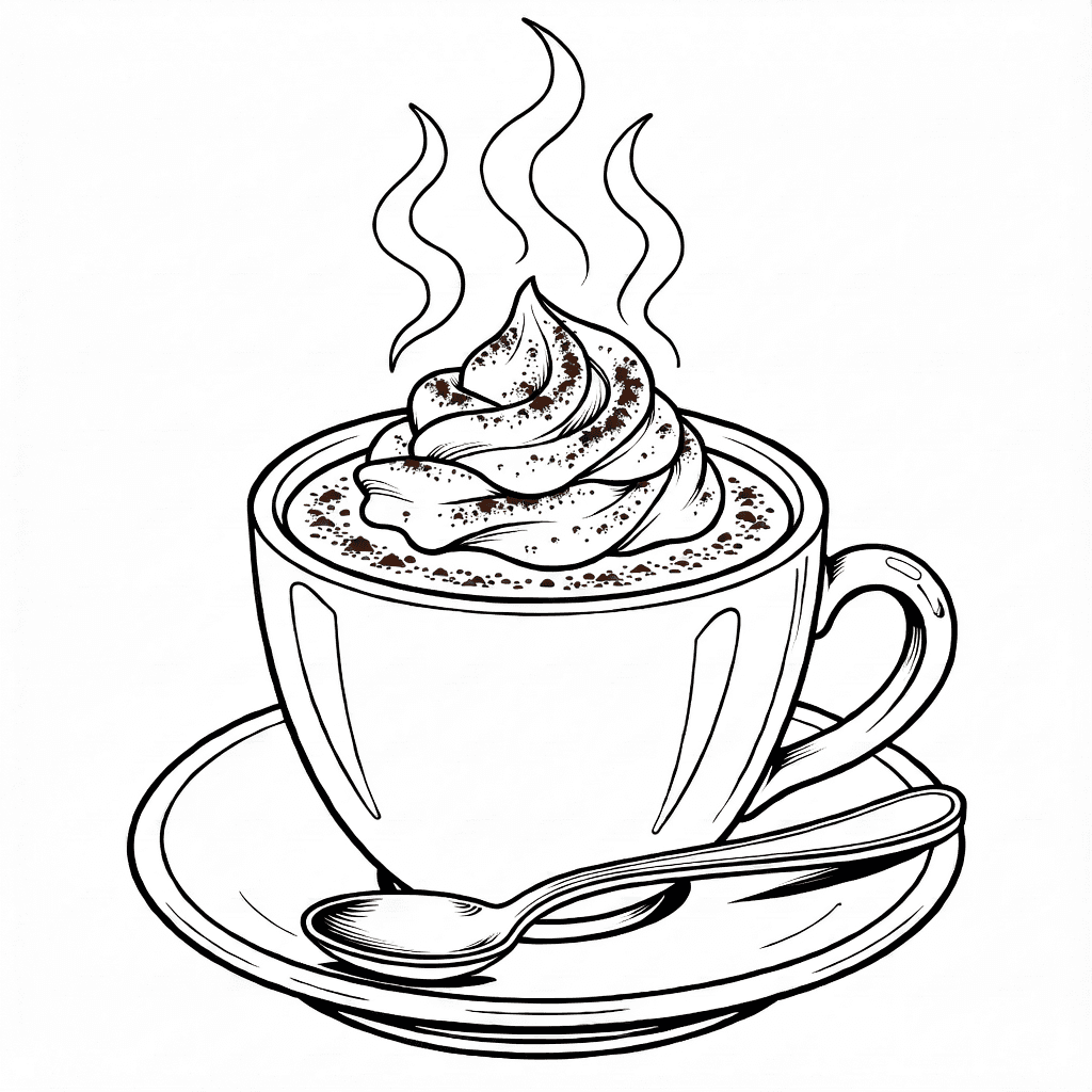 A realistic steaming cup of hot chocolate with whipped cream and cocoa powder on a saucer, with a teaspoon beside it