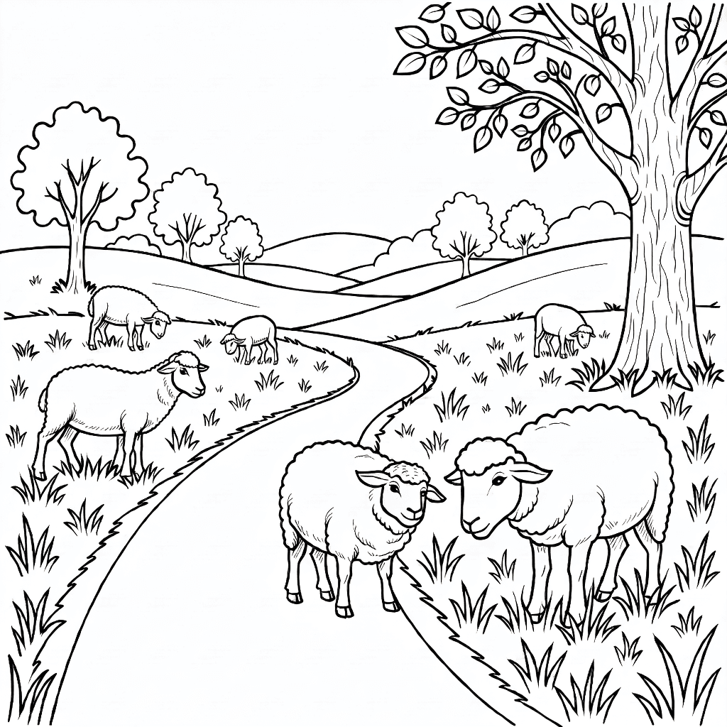 A countryside road winding through green fields with sheep grazing and trees with textured bark and leaves