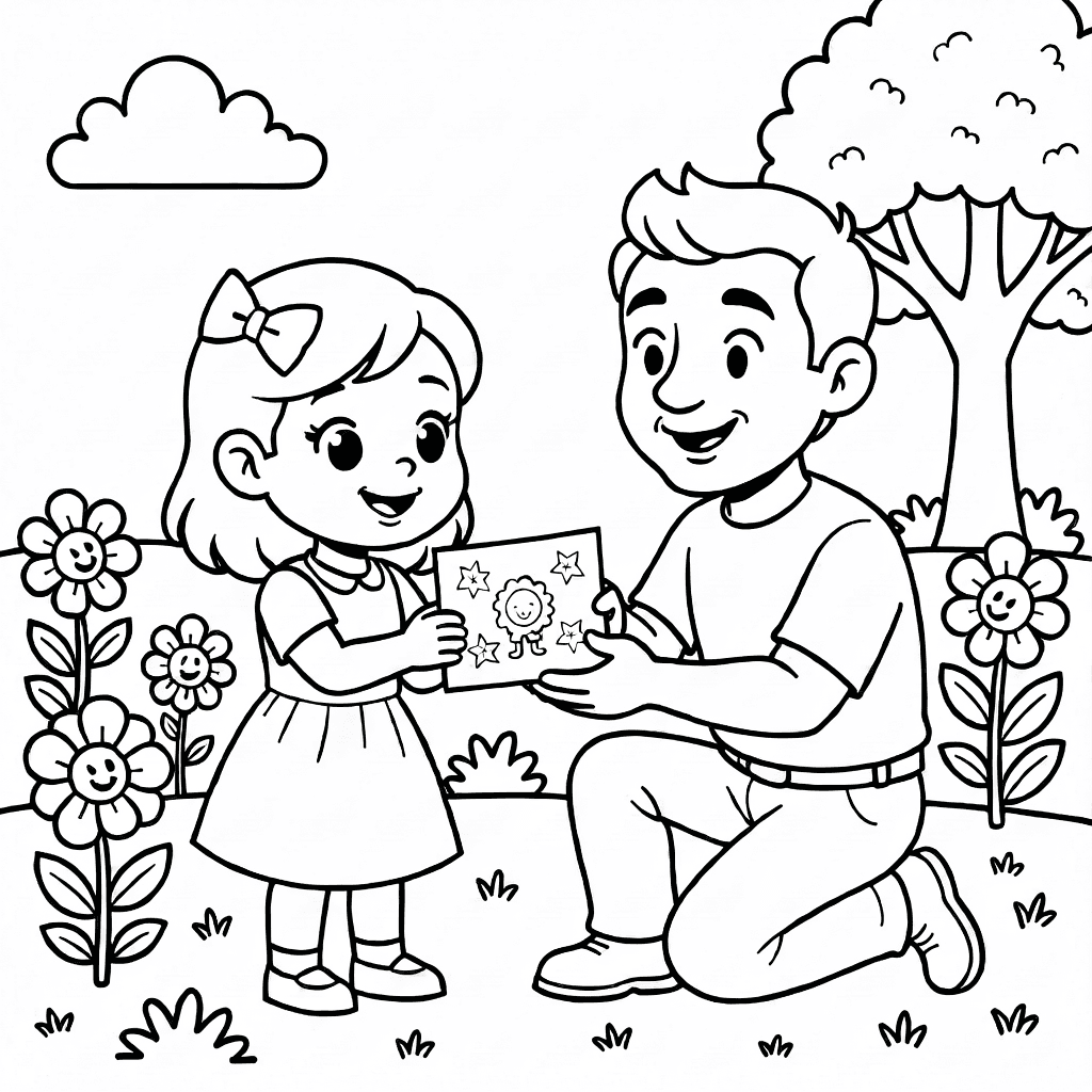 Little girl smiling as she gives her dad a handmade card in a sunny garden with flowers and a small tree