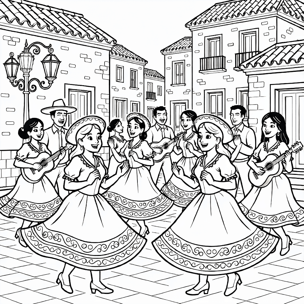 Personnes dansant en robes mexicaines traditionnelles et musiciens jouant de la guitare dans une rue décorée de lampadaires