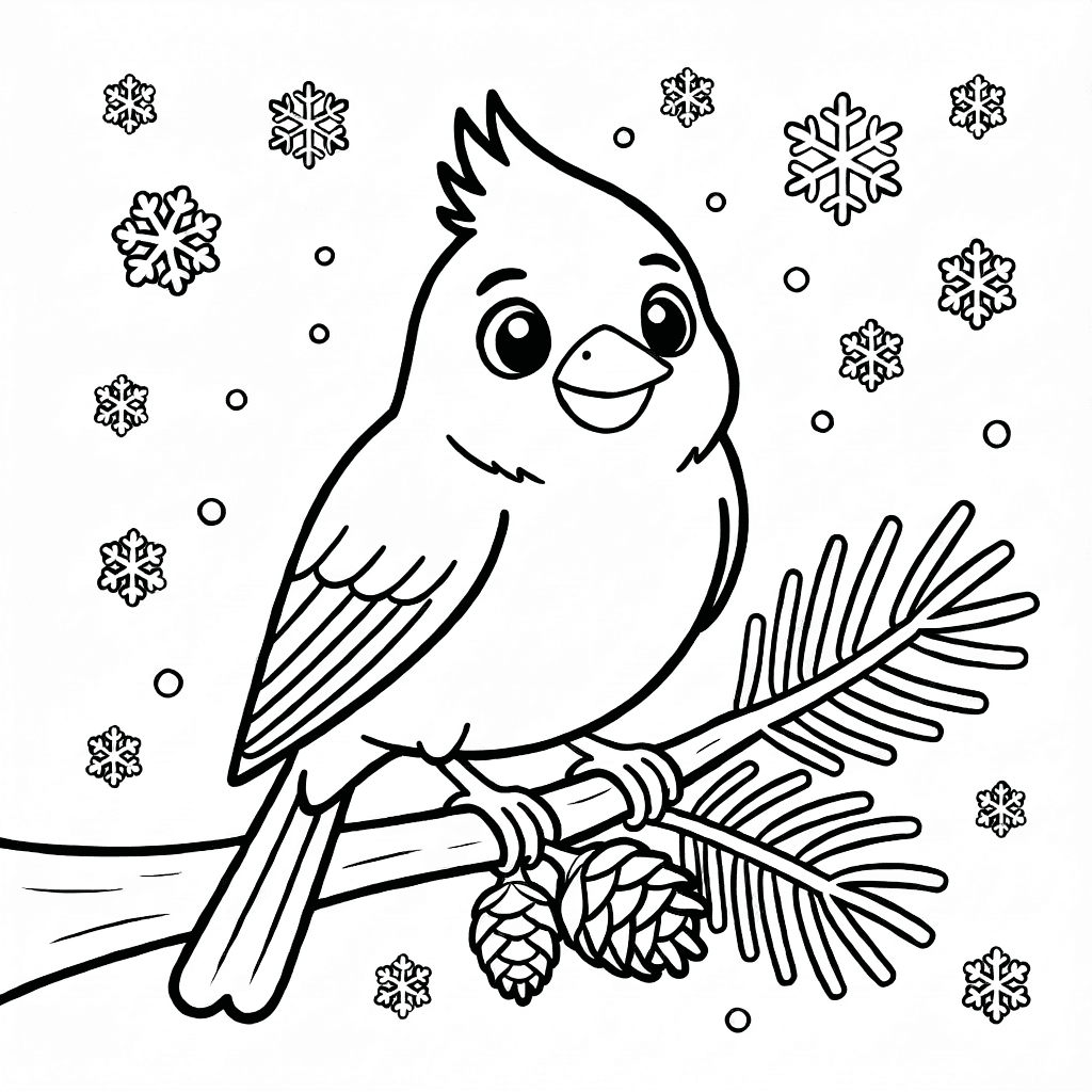 Um pássaro cardeal amigável sentado em um galho de pinheiro com pinhas e flocos de neve caindo ao redor