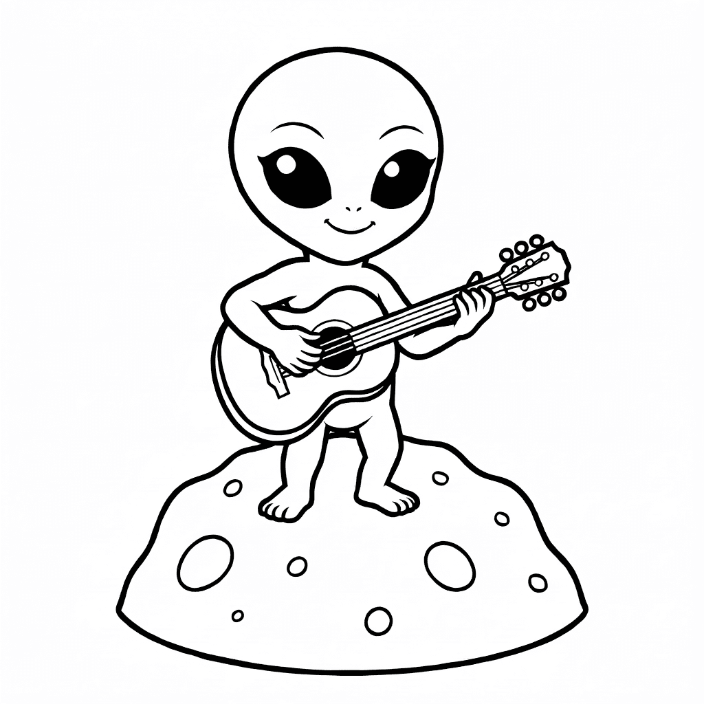 Parlak asteroid üzerinde gitar çalan büyük gözlü dost canlısı uzaylı sade arka planda
