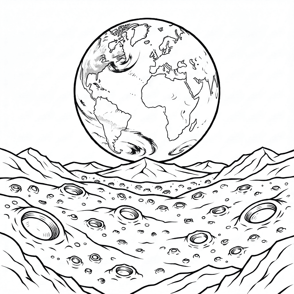 Superfície realista da lua com crateras e terreno rochoso, Terra surgindo no horizonte com continentes e nuvens visíveis