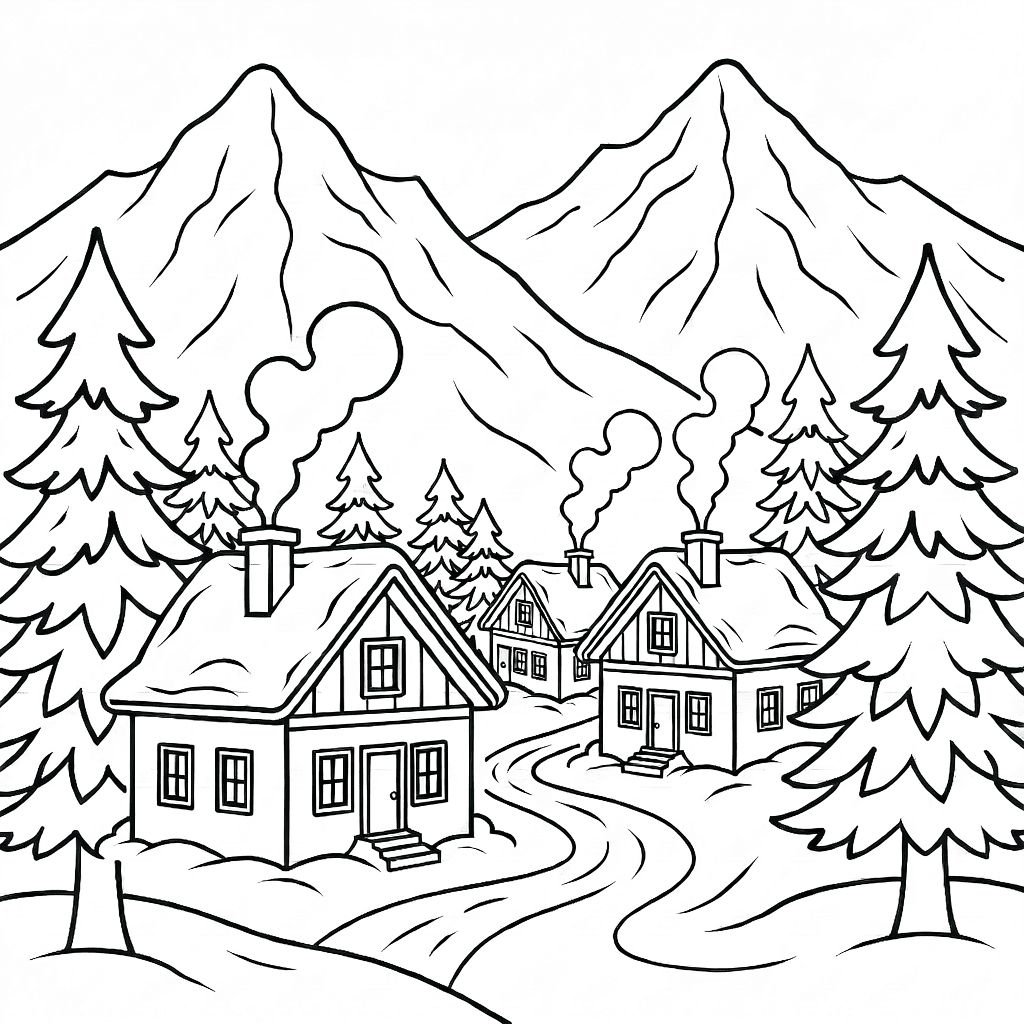 Snowy mountain village with traditional houses, smoke from chimneys, tall pine trees, and snow-covered rugged mountains