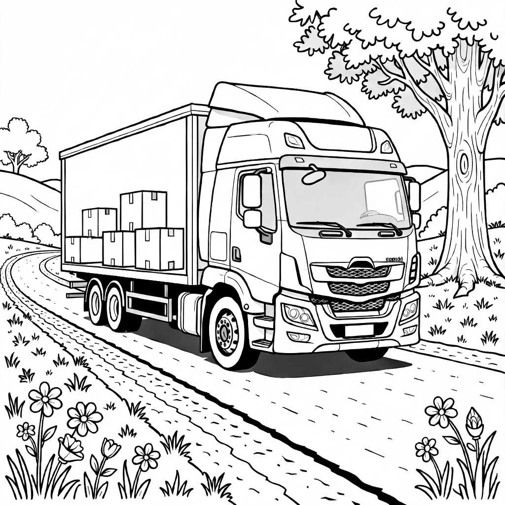 Kutu teslim eden gerçekçi yük kamyonu, çimenler, yabani çiçekler, tepeler ve ağaçlarla kırsal yol üzerinde