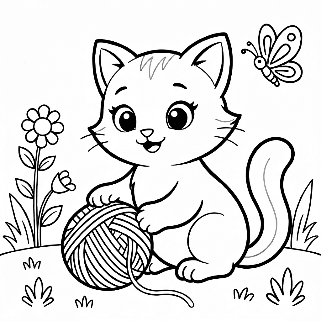 Chaton mignon jouant avec une pelote de laine dans un jardin ensoleillé avec une petite fleur et un papillon