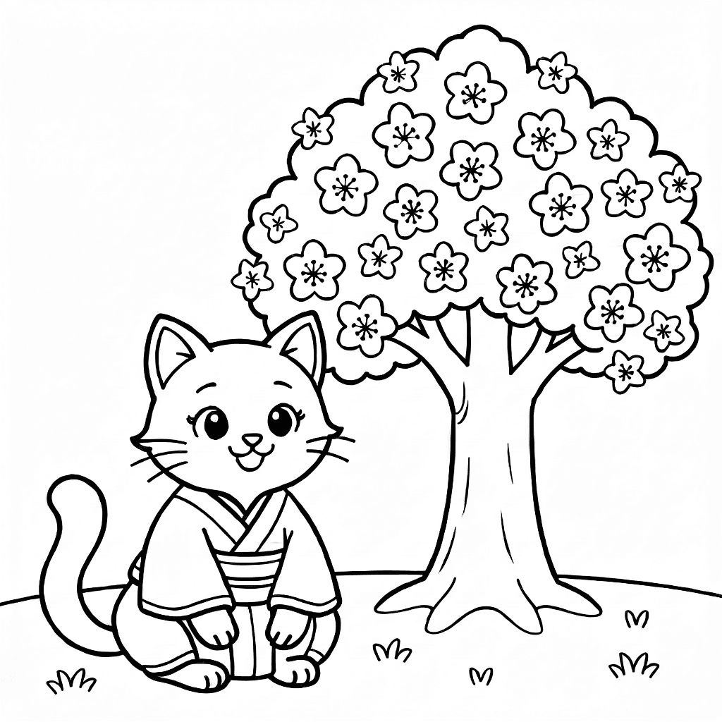 Fröhliche Katze im traditionellen Kimono sitzt neben einem großen blühenden Kirschbaum mit runden Blüten auf weißem