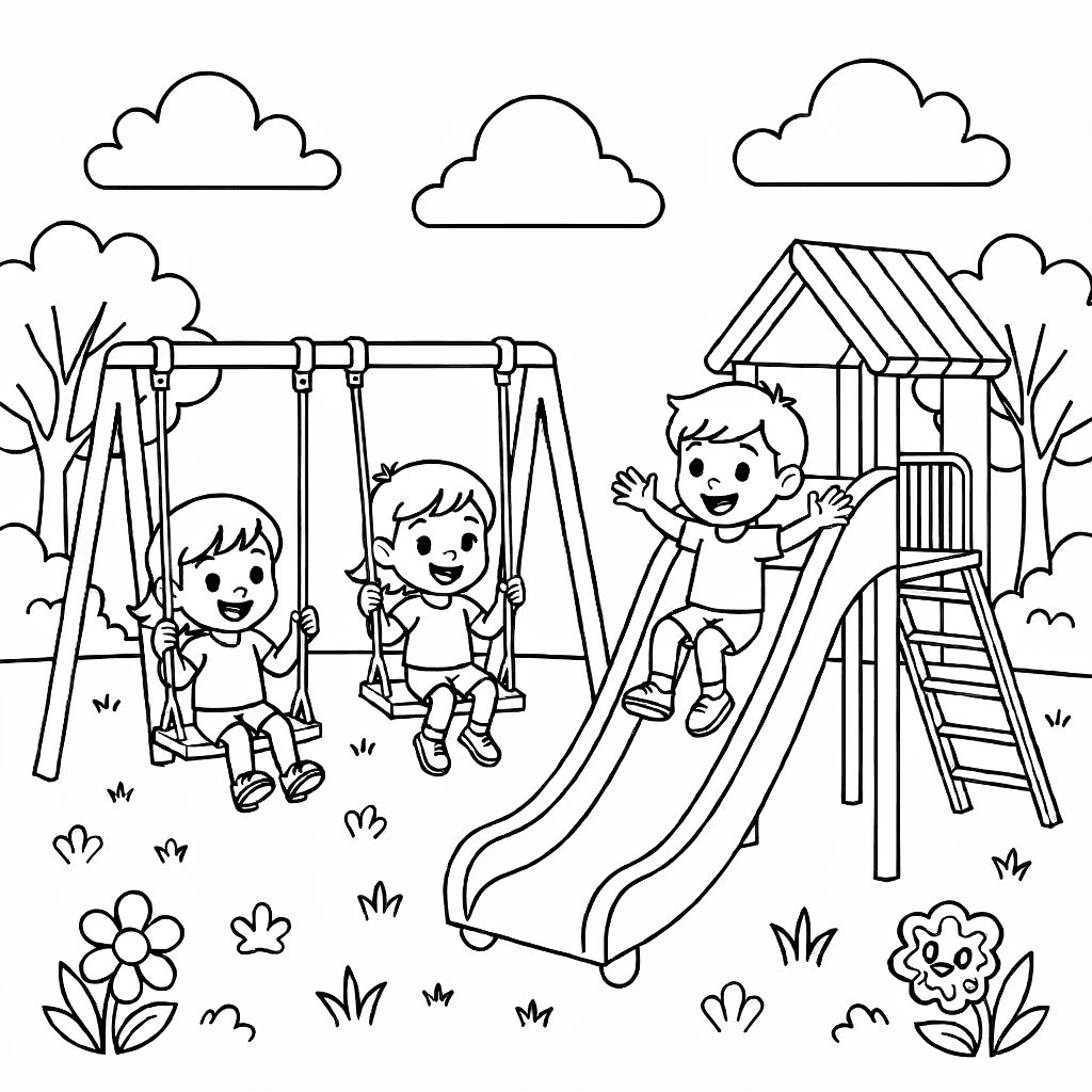 Children playing together at a playground with swings and slides