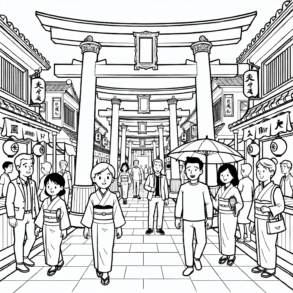 Traditionelle rote Torii-Tore säumen eine gepflasterte Straße in Kyoto mit Besuchern in Kimonos und Regenschirmen