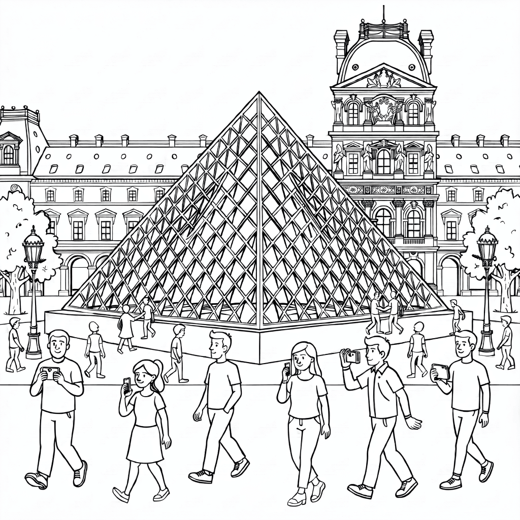 Detaillierte Zeichnung der Louvre-Pyramide mit Besuchern, Louvre-Palast, Bäumen und Laternen an einem sonnigen Tag