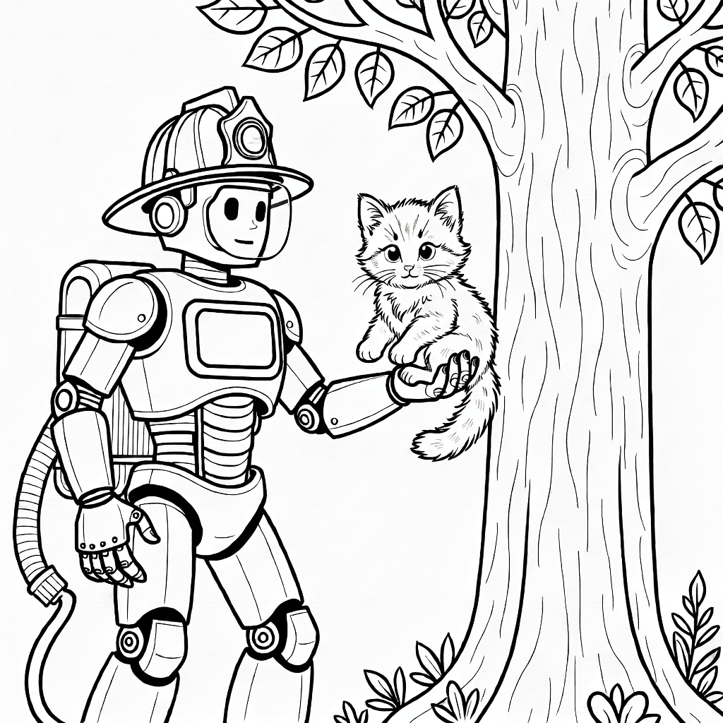 Robot pompiere con corpo metallico che salva un gattino soffice da un albero alto con corteccia e foglie dettagliate