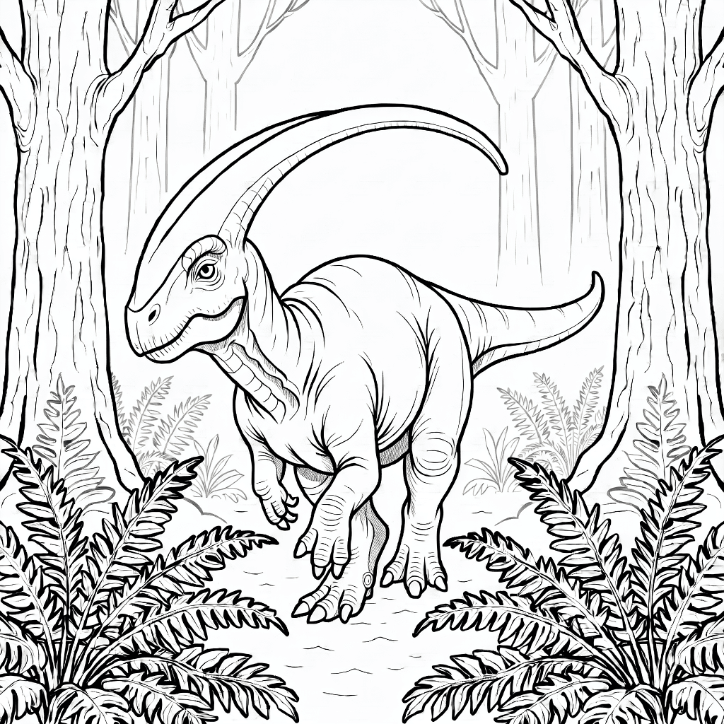 Parasaurolophus che cammina in una foresta di felci all’alba con alberi dettagliati