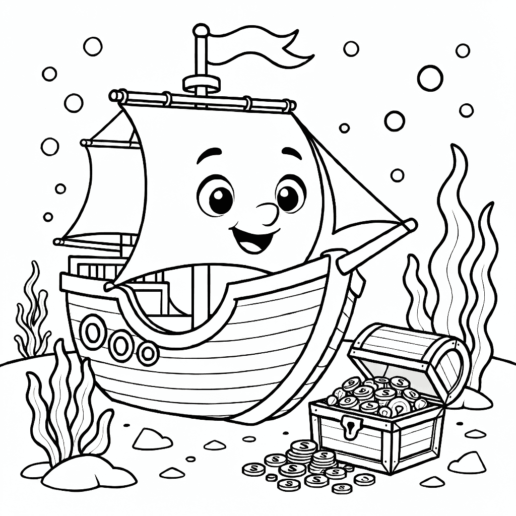 Illustration of a sunken pirate ship underwater with a treasure chest nearby