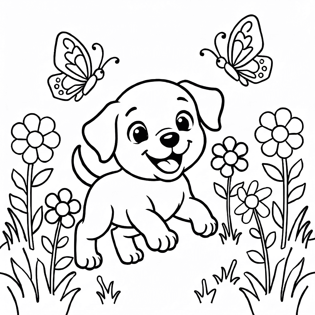 Ein fröhlicher Welpe jagt zwei Schmetterlinge in einem Blumenfeld mit hohen Blumen und Gras