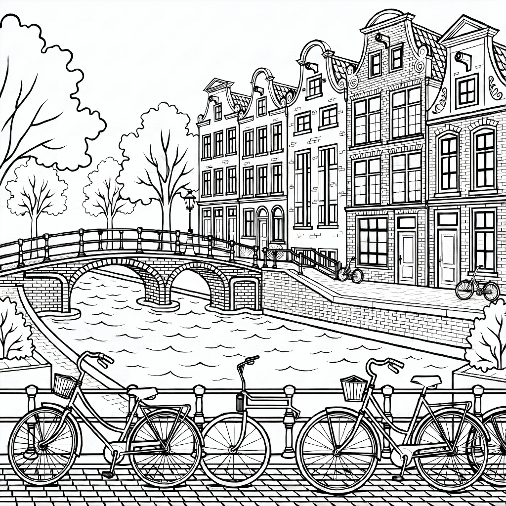 Detailed coloring page of Amsterdam canals with bridges, bicycles, and traditional Dutch houses