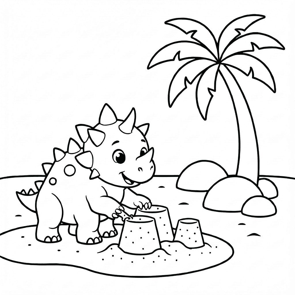 Un pequeño ankylosaurus construyendo un castillo de arena en la playa con rocas y palmera al fondo