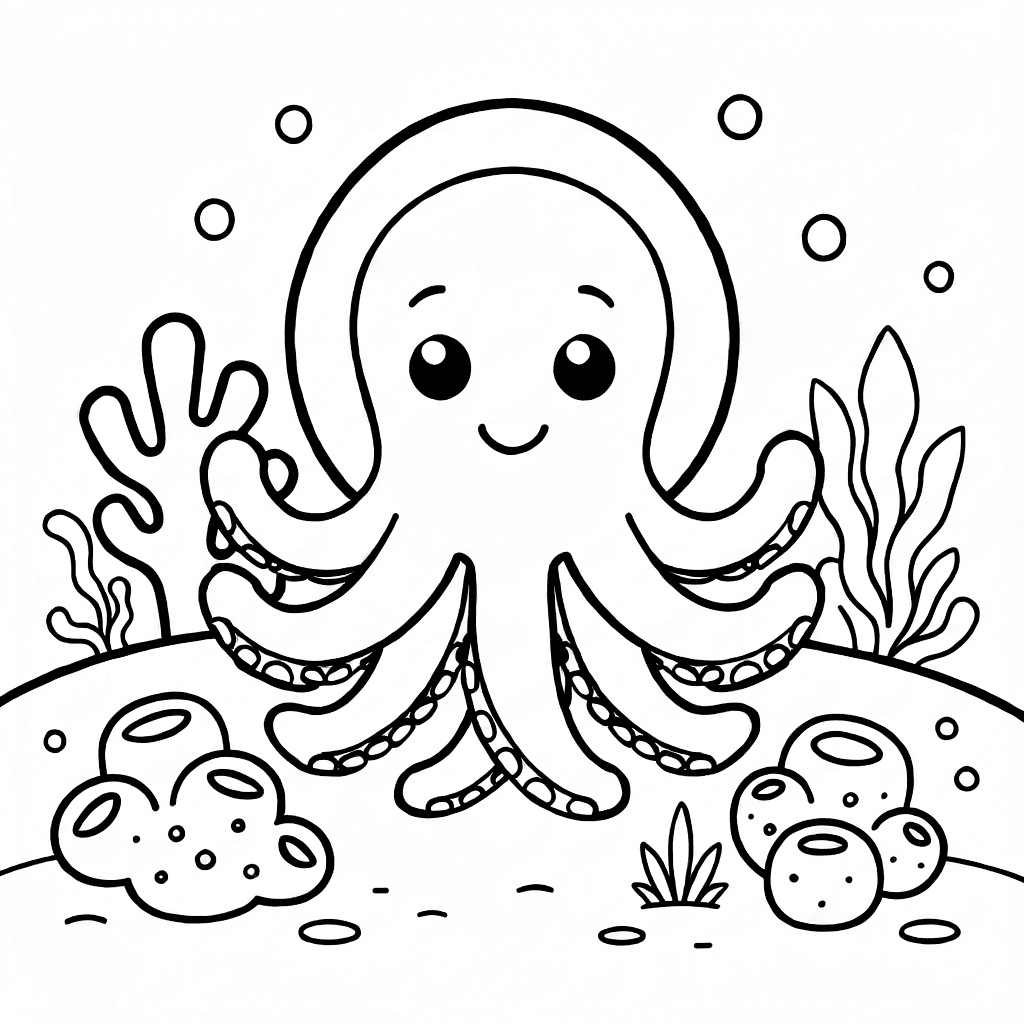 A friendly octopus peeking from a simple coral reef with rounded corals and sea plants on a white background