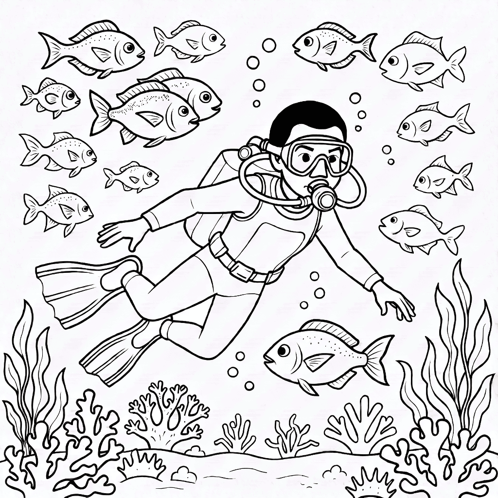 Plongeur sous l’eau entouré de poissons, coraux et algues