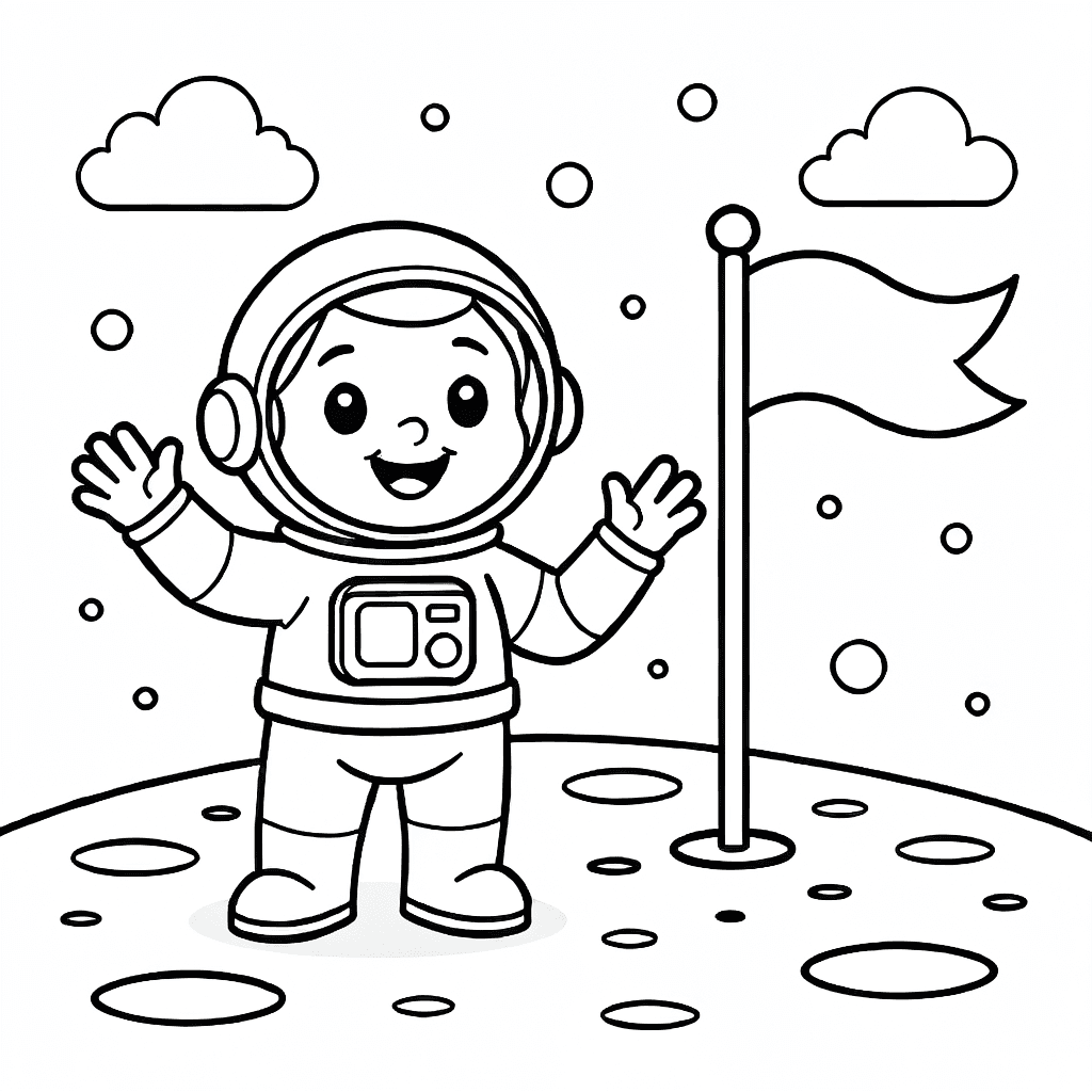 Smiling astronaut waving on the moon holding a flag