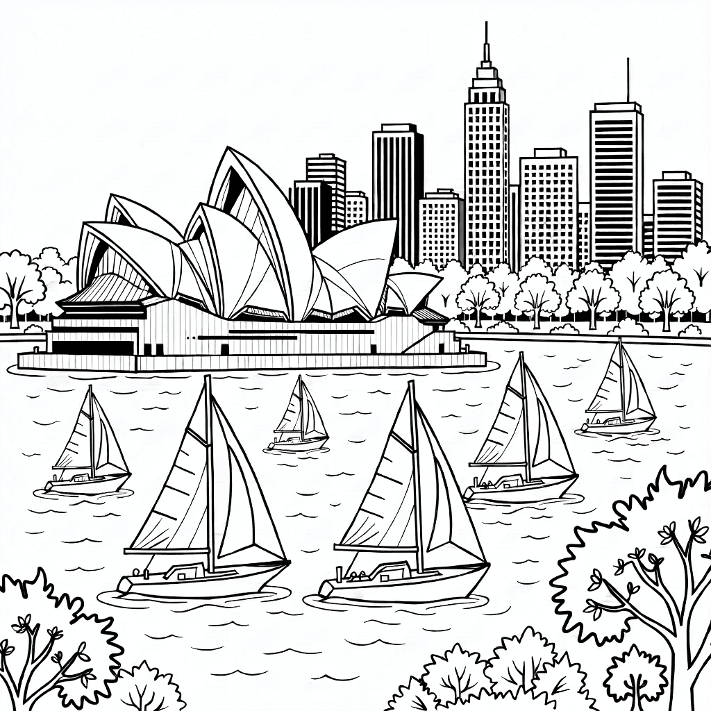Detailed Sydney Harbour view with Opera House, sailboats, city skyline, trees, and water ripples.