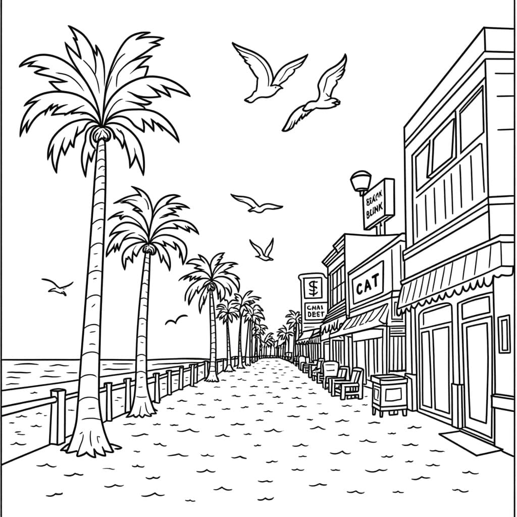 Beach boardwalk with palm trees and various shops along the path