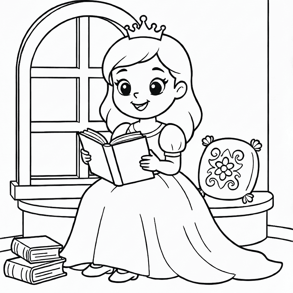 Principessa seduta sul davanzale che legge un libro con libri e cuscino accanto